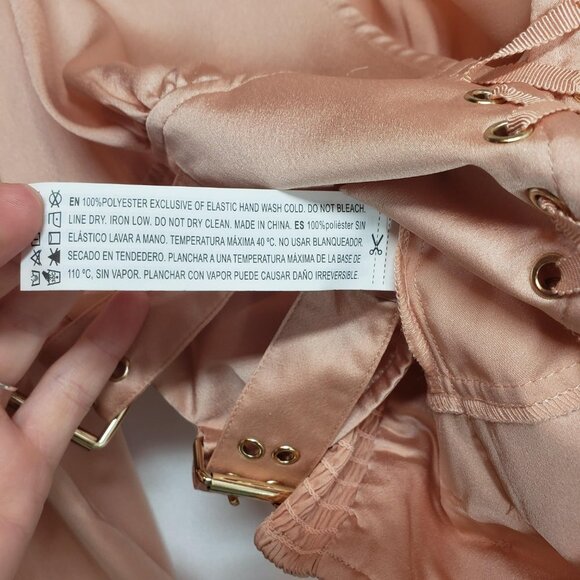 FOREVER 21 Satin Lace-Up Buckle Top L Blush Champagne Tan Nude Puff Sleeves - Picture 11 of 12